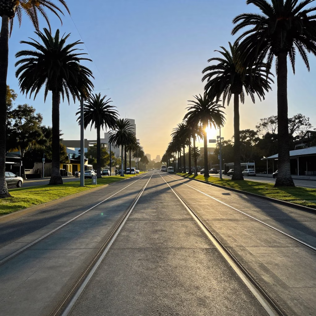 Early Morning Melbourne Tram Tracks with Palm Tree Avenue and Vintage 1960s Atmosphere in in Melbourne, Victoria, Australia