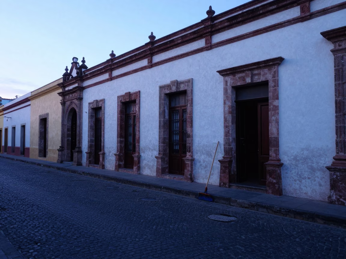 Early Morning Merida Mexico Street Scene with Hand Broom and Colonial Architecture Before Sunrise in in Merida, Mexico