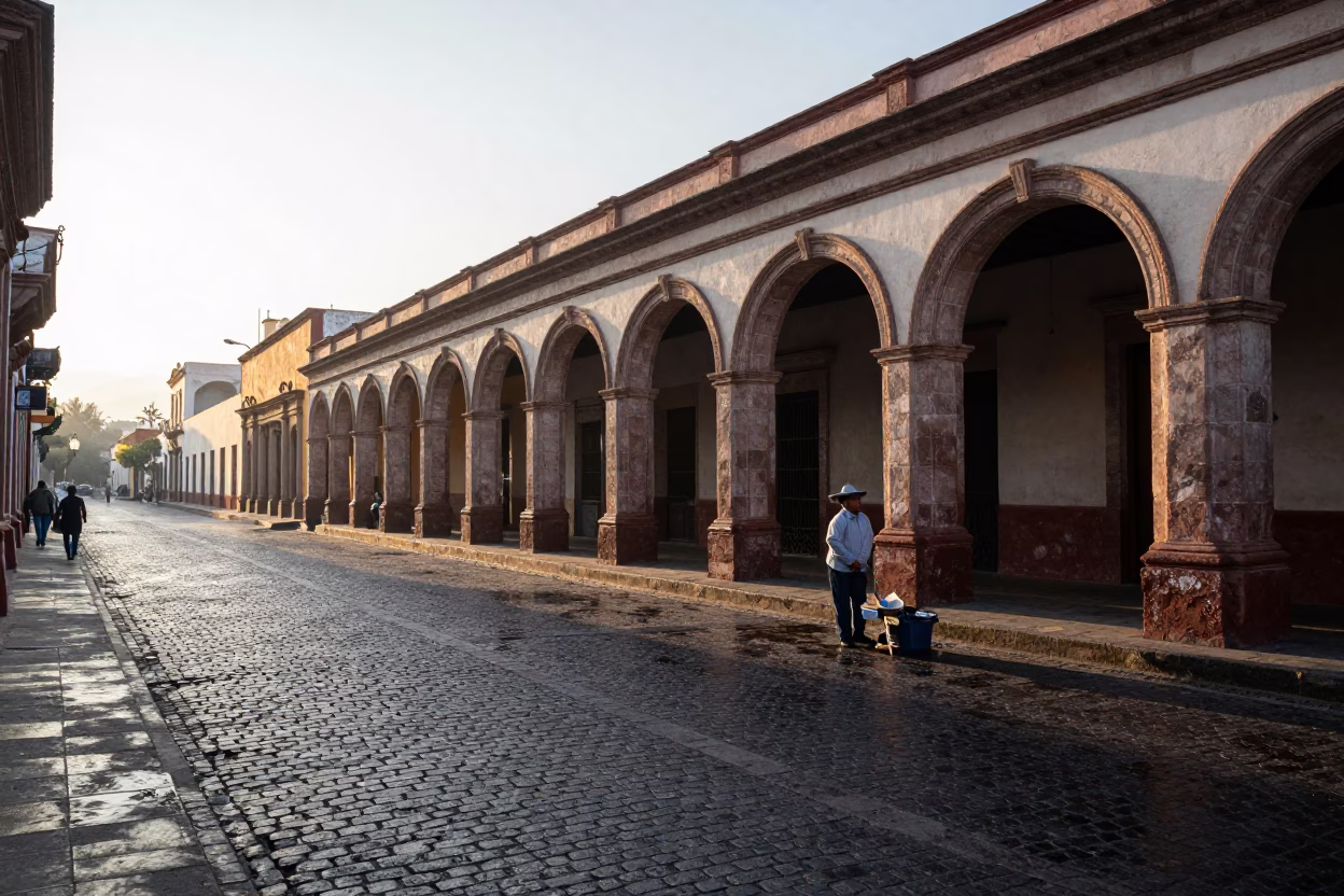 Early Morning Merida Mexico Street Scene with Local Vendor and Wet Flagstones in in Merida, Mexico
