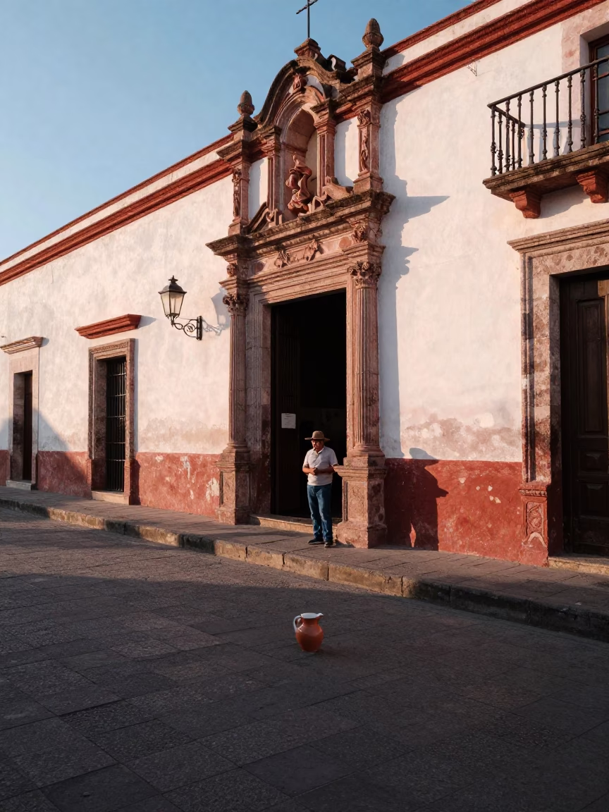 Early Morning Merida Street Scene with Ceramic Pitcher and Brass Hinge Detail in in Merida, Mexico