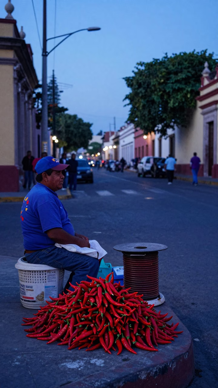 Early Morning Merida Street Scene with Chili Peppers and Twine at Dawn in in Merida, Mexico