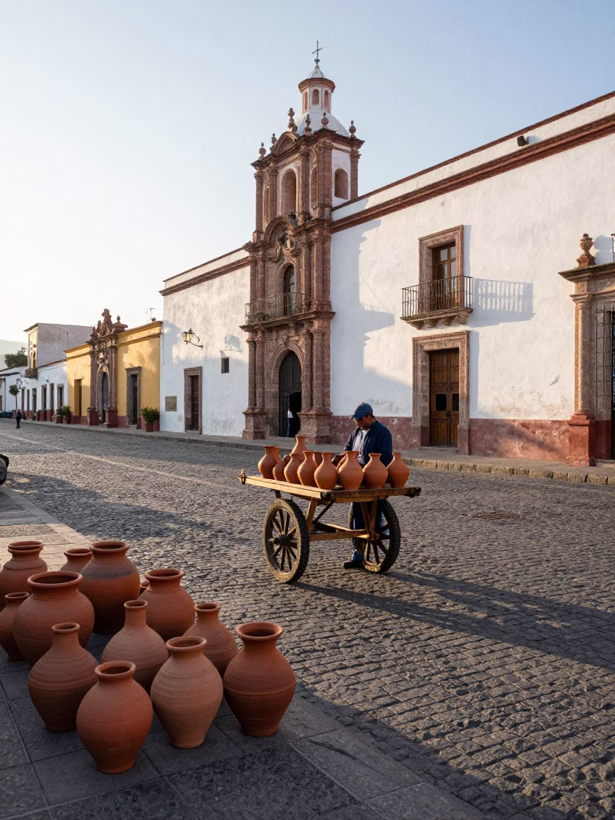 Early Morning Merida Street Scene with Clay Pots and Local Commerce in in Merida, Mexico