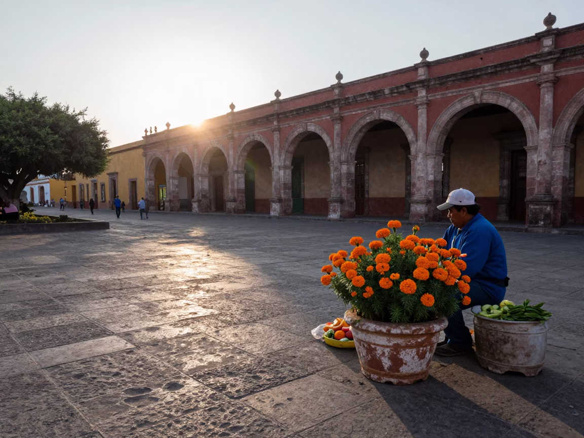 Early Morning Merida Street Scene with Flowerpot and Local Activity in in Merida, Mexico
