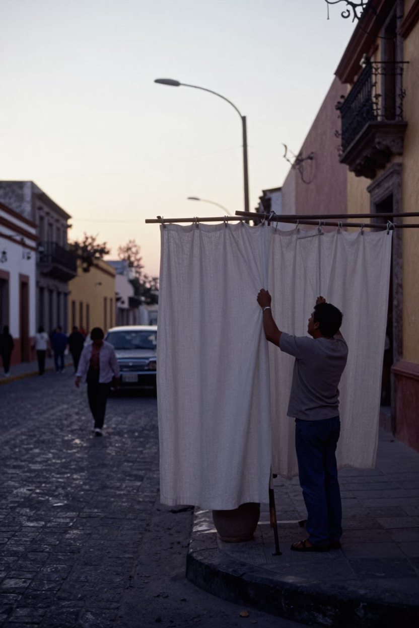 Early Morning Merida Street Scene with Linen Curtains and Coiled Rope in in Merida, Mexico