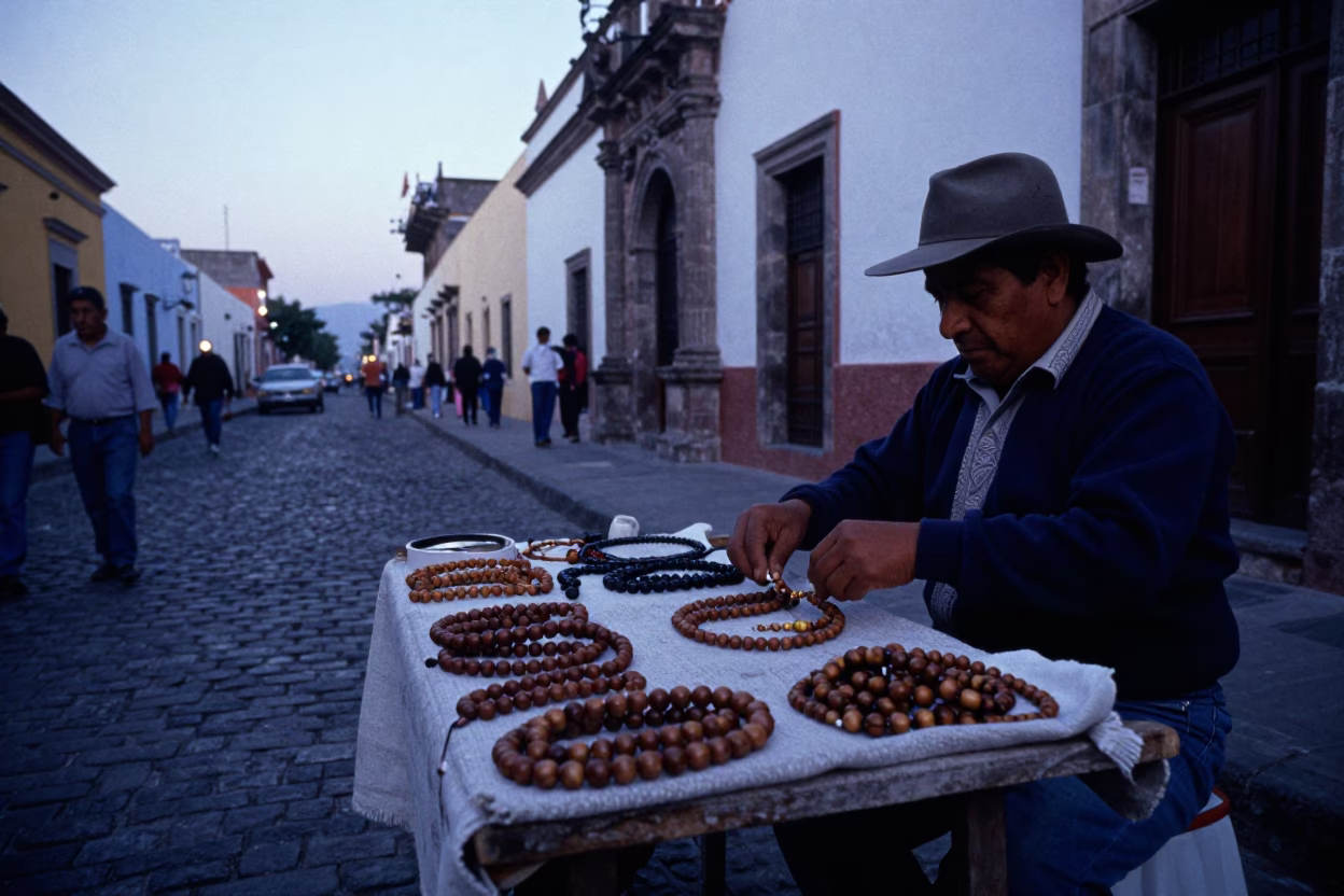 Early Morning Merida Street Scene with Prayer Beads and Colonial Architecture in in Merida, Mexico