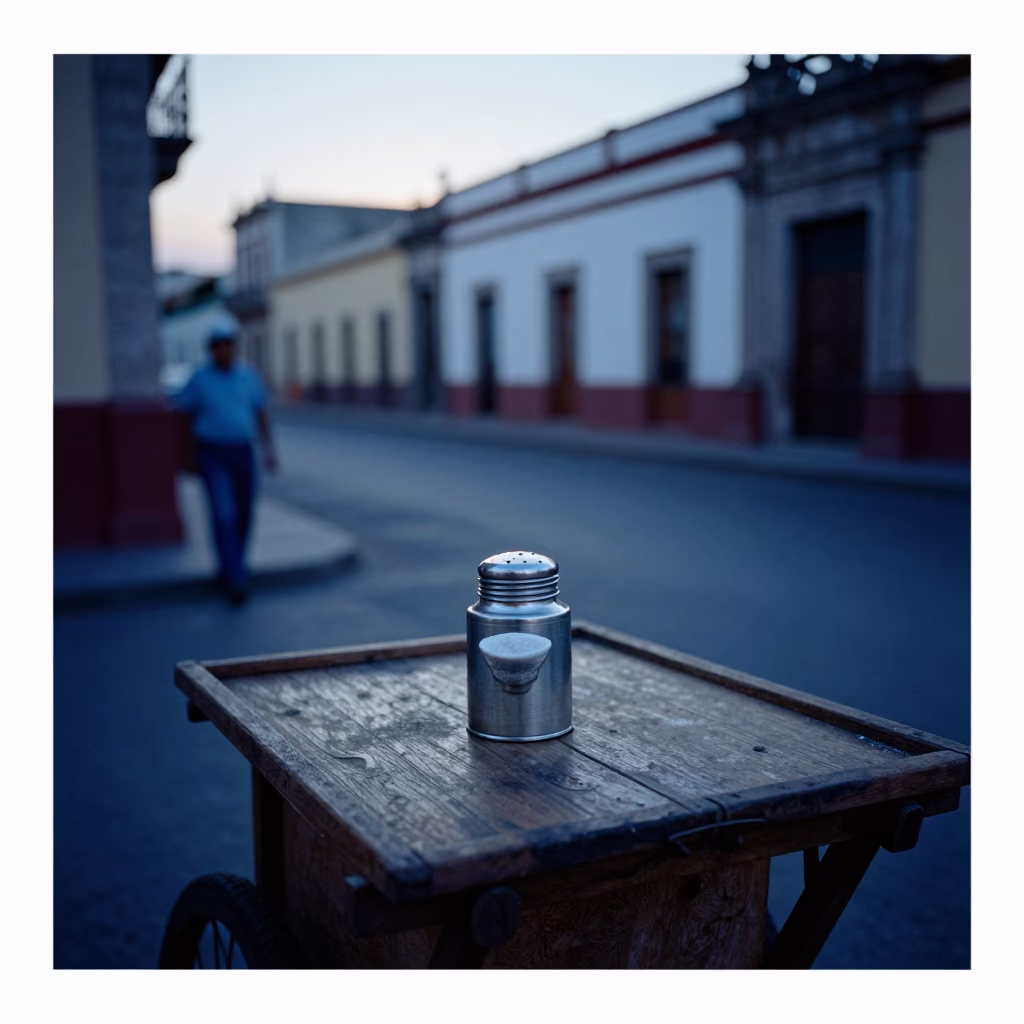 Early Morning Merida Street Scene with Salt Cellar and Local Vendor in in Merida, Mexico