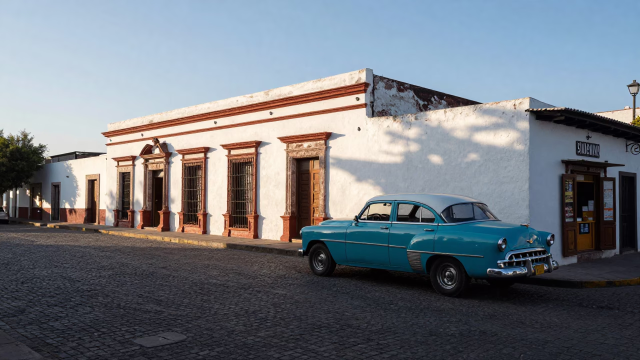 Early Morning Merida Street Scene with Vintage Car and Local Market Activity in in Merida, Mexico