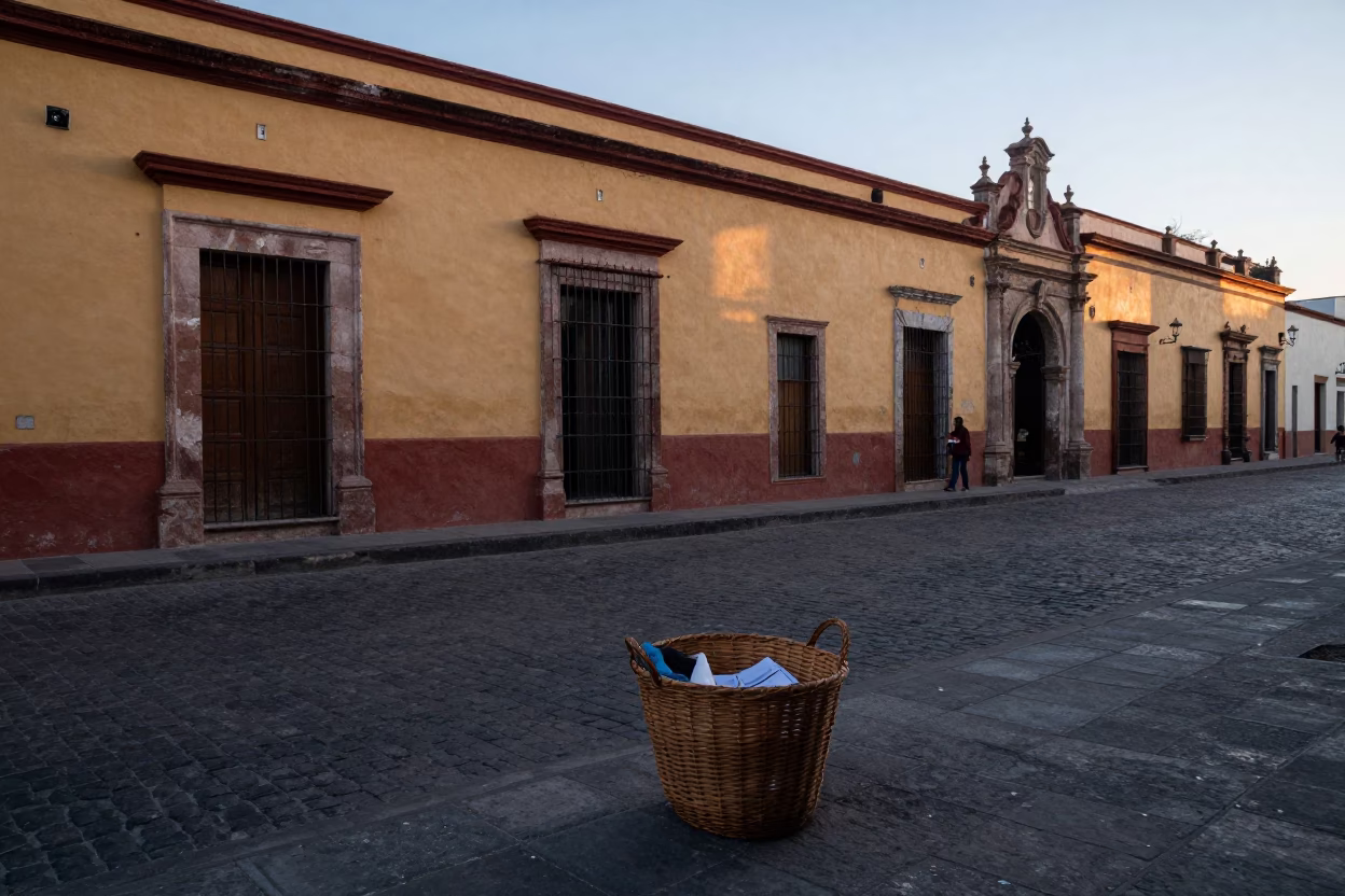 Early Morning Merida Street Scene with Vintage Laundry Basket and Local Life in in Merida, Mexico