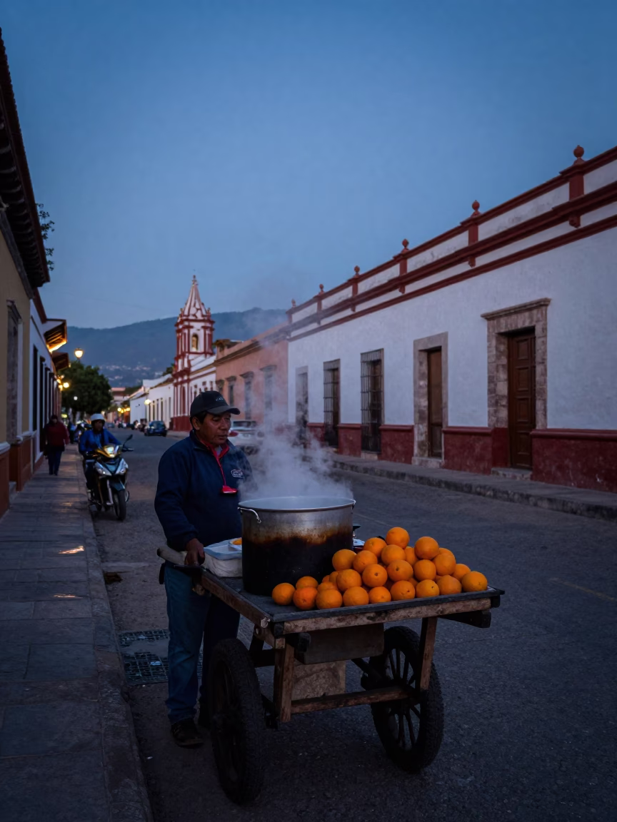 Early Morning Merida Street Vendor Steam and Fresh Oranges Before Dawn in in Merida, Mexico