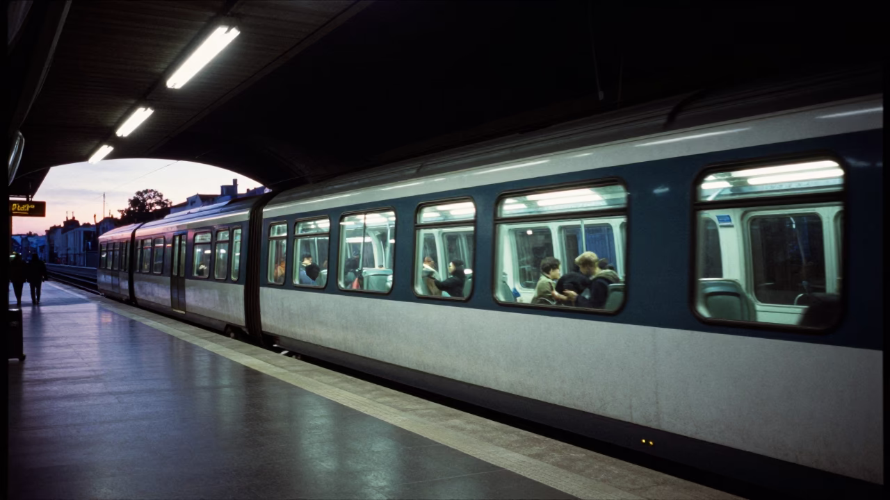 Early Morning Metro Station Lyon France with Lit Train Windows Crossing Dark Tunnel in in Lyon, France