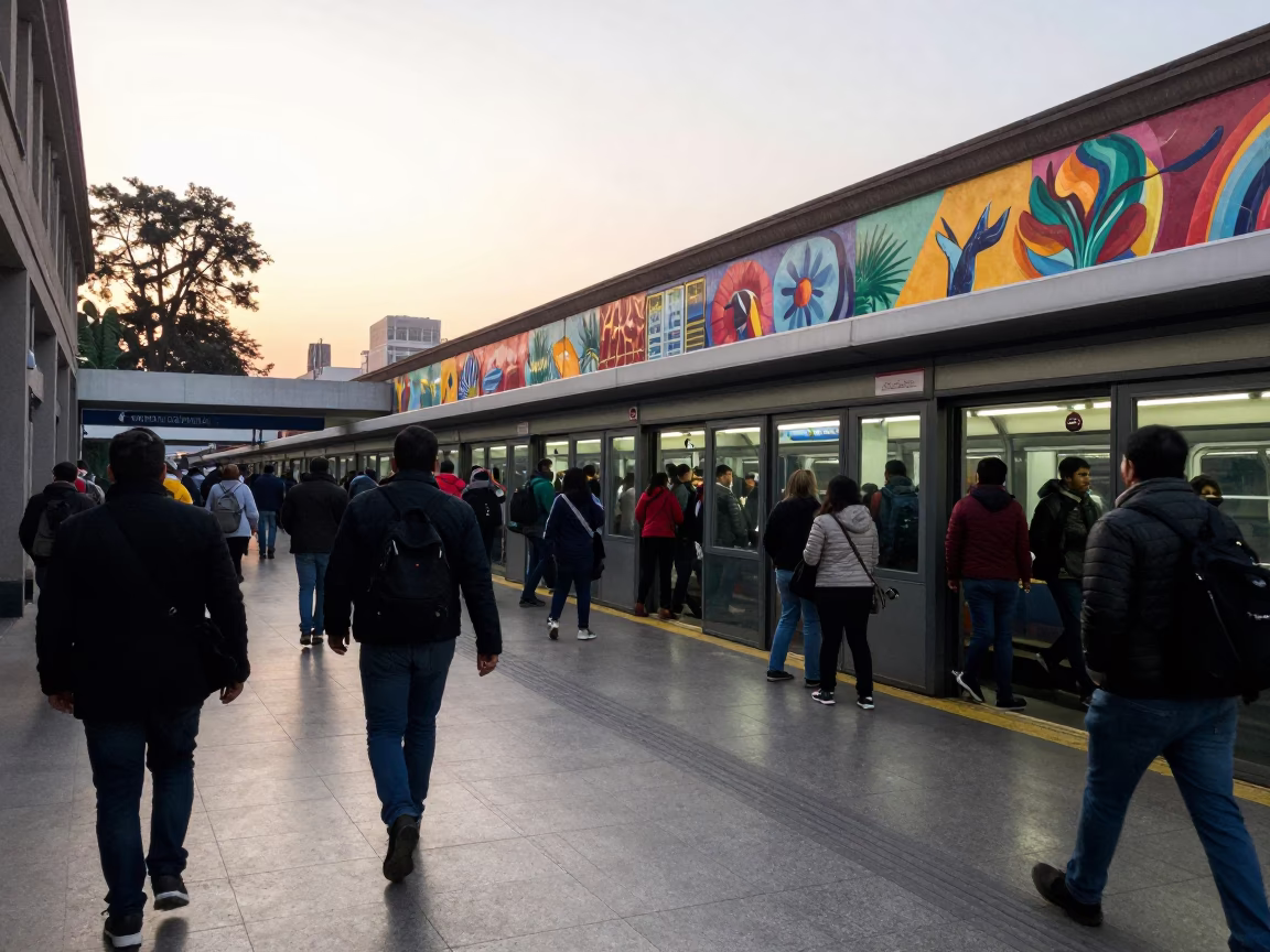 Early Morning Metro Station Scene in Mexico City with Commuters and Art in in Mexico City, Mexico