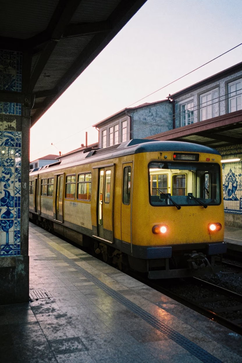 Early Morning Metro Train Arriving at Art-Adorned Station in Porto Portugal in in Porto, Portugal