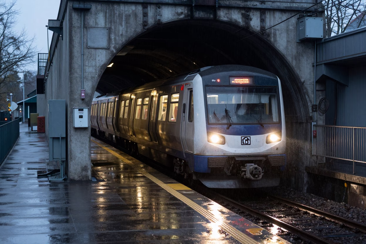 Early Morning Metro Train Emerging from Tunnel in Vancouver British Columbia Canada in in Vancouver, British Columbia, Canada