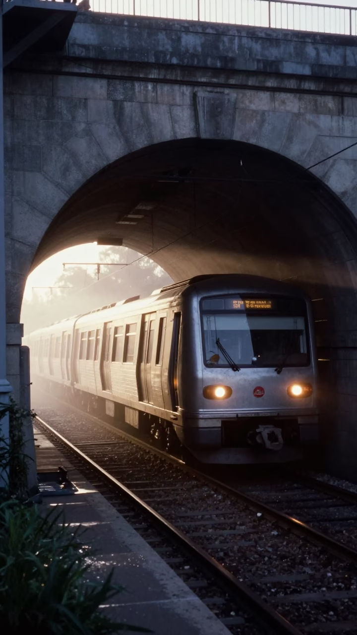 Early Morning Metro Train Emerging from Tunnel into Daylight Adelaide South Australia in in Adelaide, South Australia, Australia