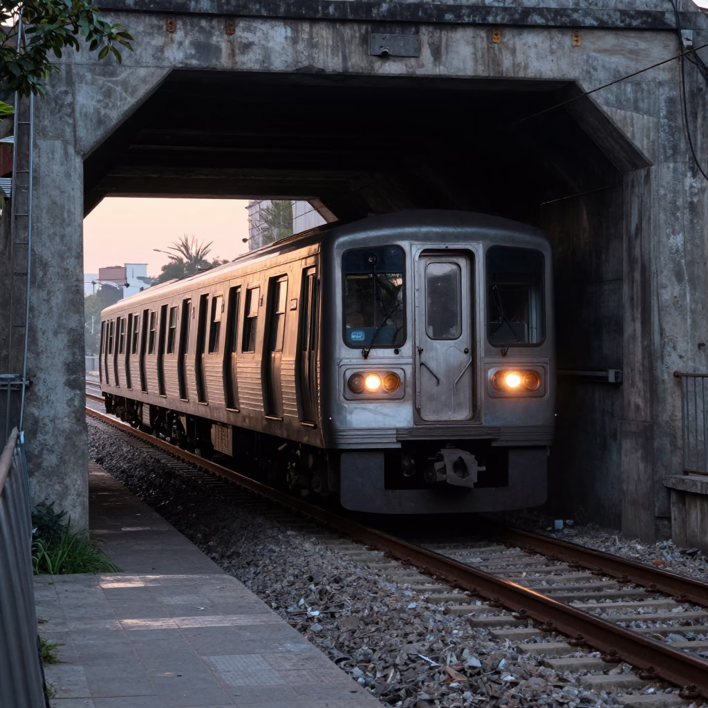 Early Morning Metro Train Emerging from Tunnel into Daylight in Mexico City in in Mexico City, Mexico