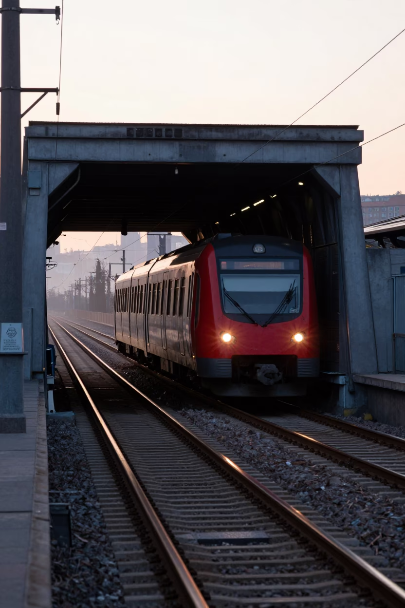 Early Morning Metro Train Emerging from Tunnel into Sunlit Bilbao Spain in in Bilbao, Spain