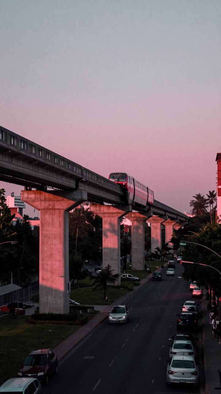 Early Morning Mexico City Monorail Concrete Viaduct and Urban Street Life in in Mexico City, Mexico