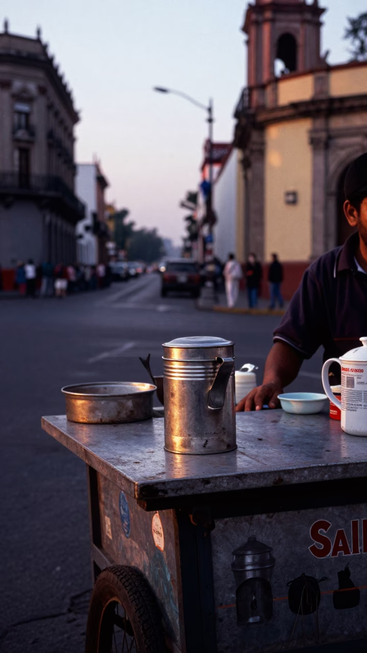Early Morning Mexico City Street Scene with Coffee Tin and Viaduct Shadow in in Mexico City, Mexico