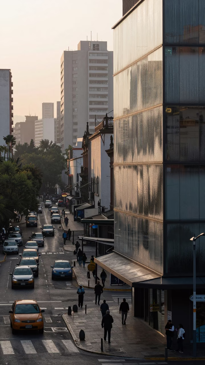 Early Morning Mexico City Street Scene with Condensation on Glass and Local Vendor in in Mexico City, Mexico
