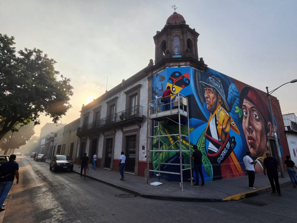 Early Morning Mexico City Street Scene with Muralist Painting Sample Swatches on Scaffold in in Mexico City, Mexico