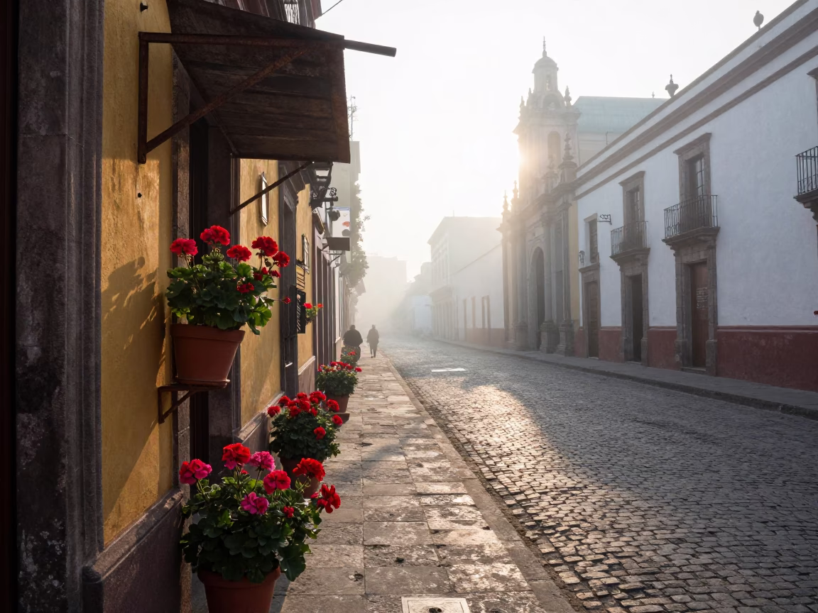 Early Morning Mexico City Street Scene with Potted Geraniums and Vintage Details in in Mexico City, Mexico