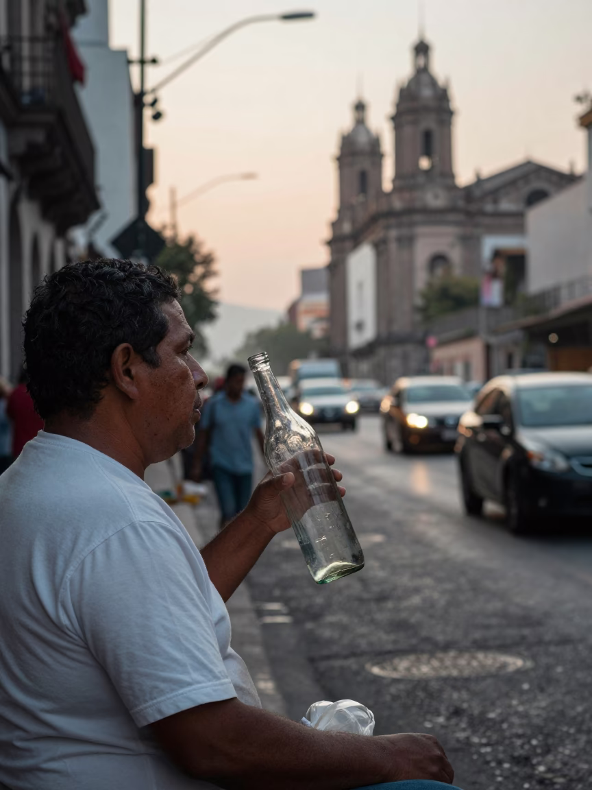 Early Morning Mexico City Street Scene with Vendor and Glass Bottle in in Mexico City, Mexico