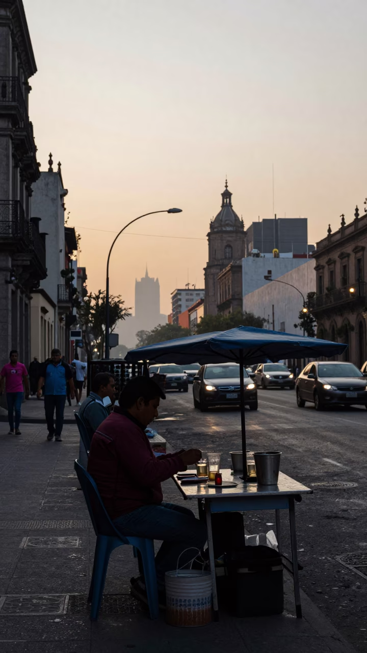 Early Morning Mexico City Street Scene with Vendor and Glass Carafe in in Mexico City, Mexico