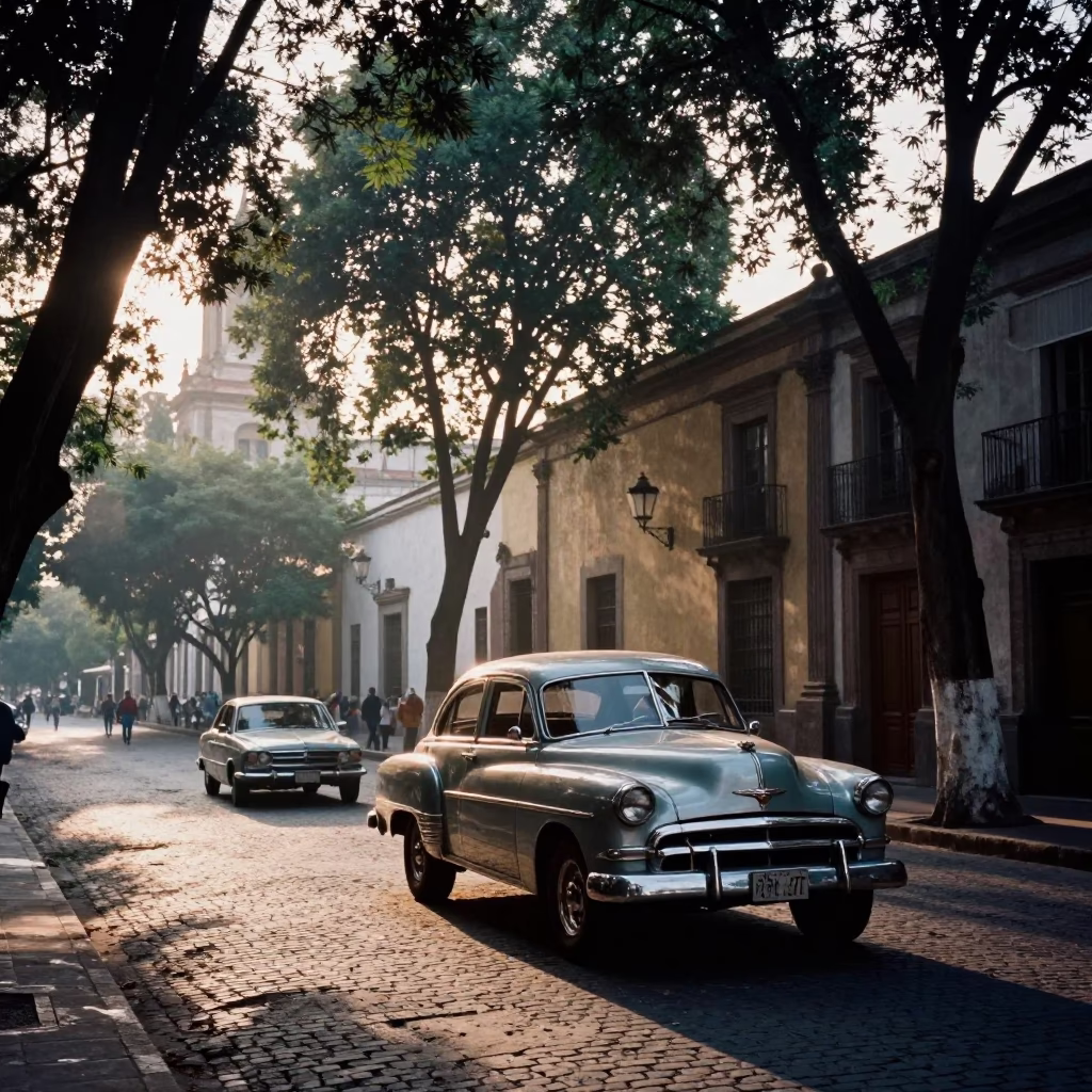 Early Morning Mexico City Street Scene with Vintage Car and Local Activity in in Mexico City, Mexico