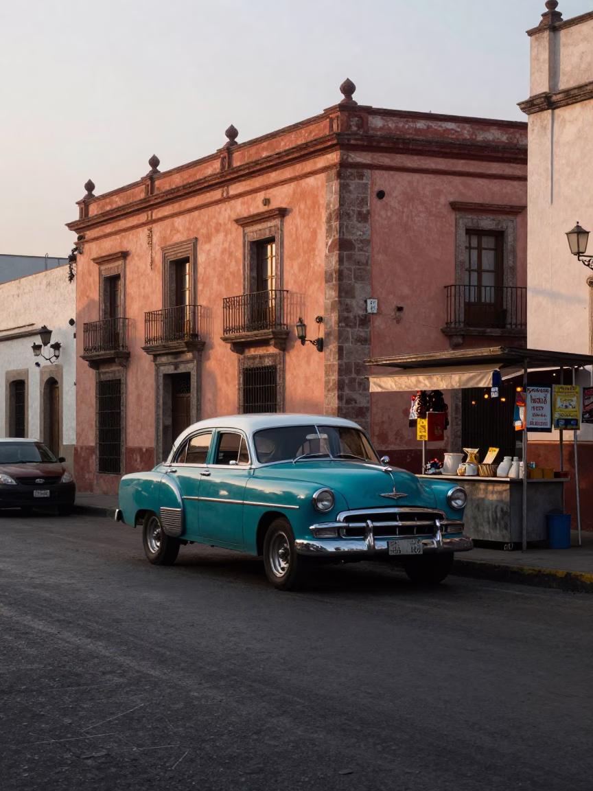 Early Morning Mexico City Street Scene with Vintage Car and Local Vendor in in Mexico City, Mexico