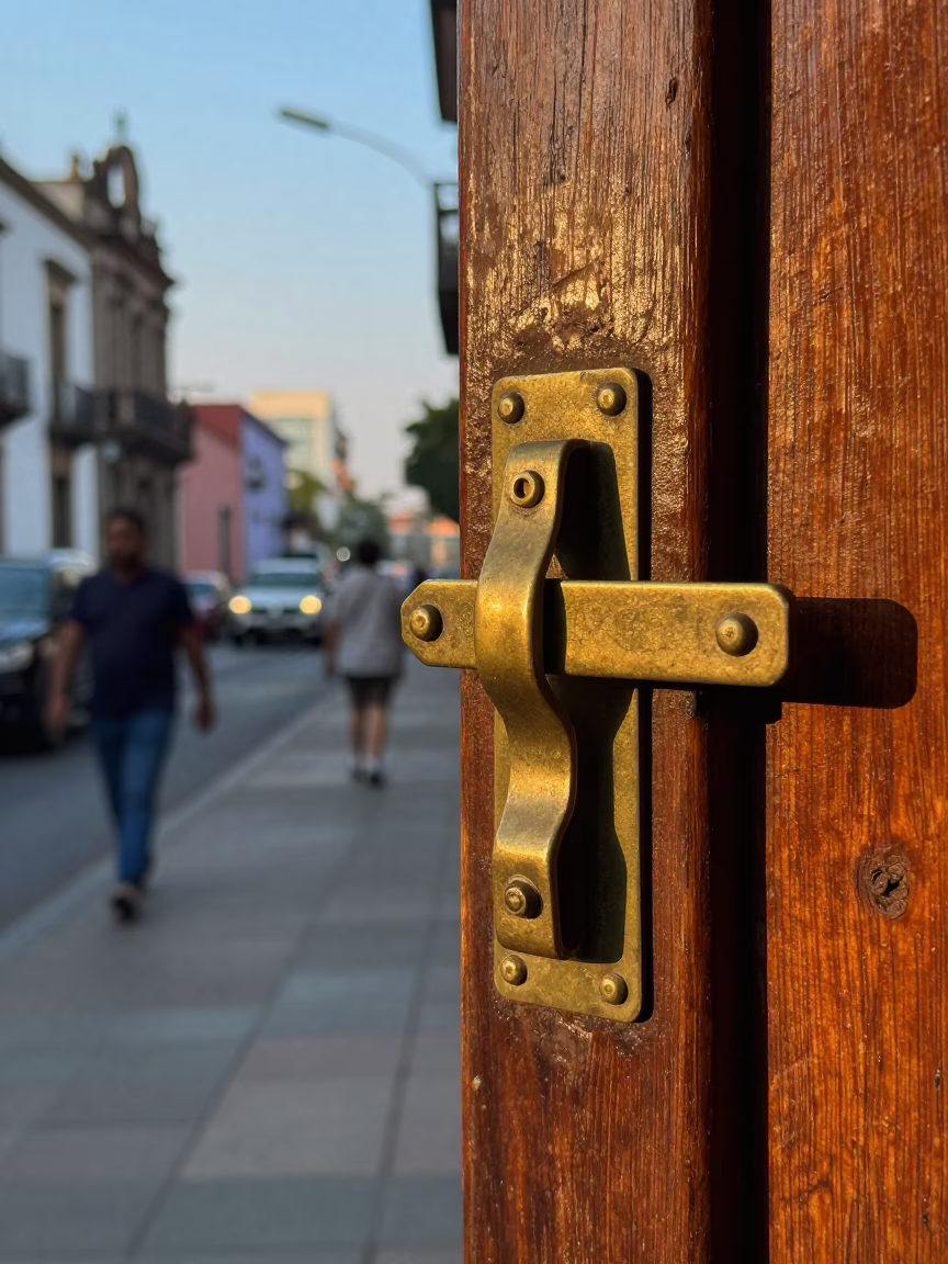 Early Morning Mexico City Street Scene with Wooden Door Latch and Leafy Tree in in Mexico City, Mexico