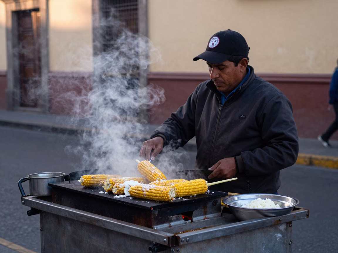 Early Morning Mexico City Street Vendor Selling Elote with Cotija Cheese Before Dawn in in Mexico City, Mexico