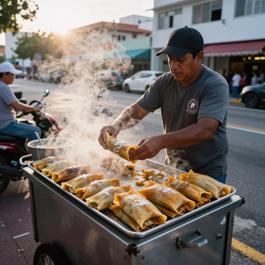 Early Morning Miami Breakfast with Tamales and Local Street Scene in in Miami, Florida, United States