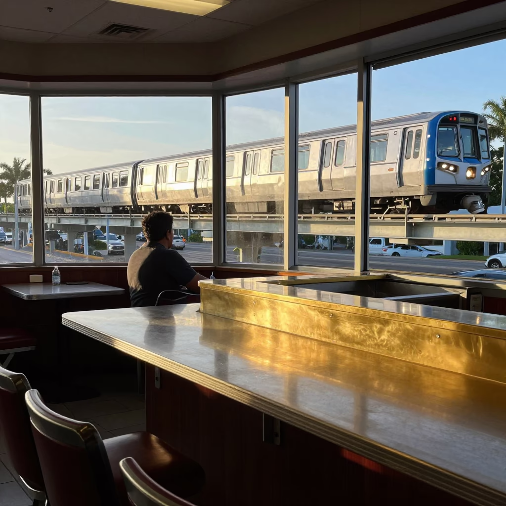 Early Morning Miami Florida Monorail and Polished Brass Countertop Interior Scene in in Miami, Florida, United States