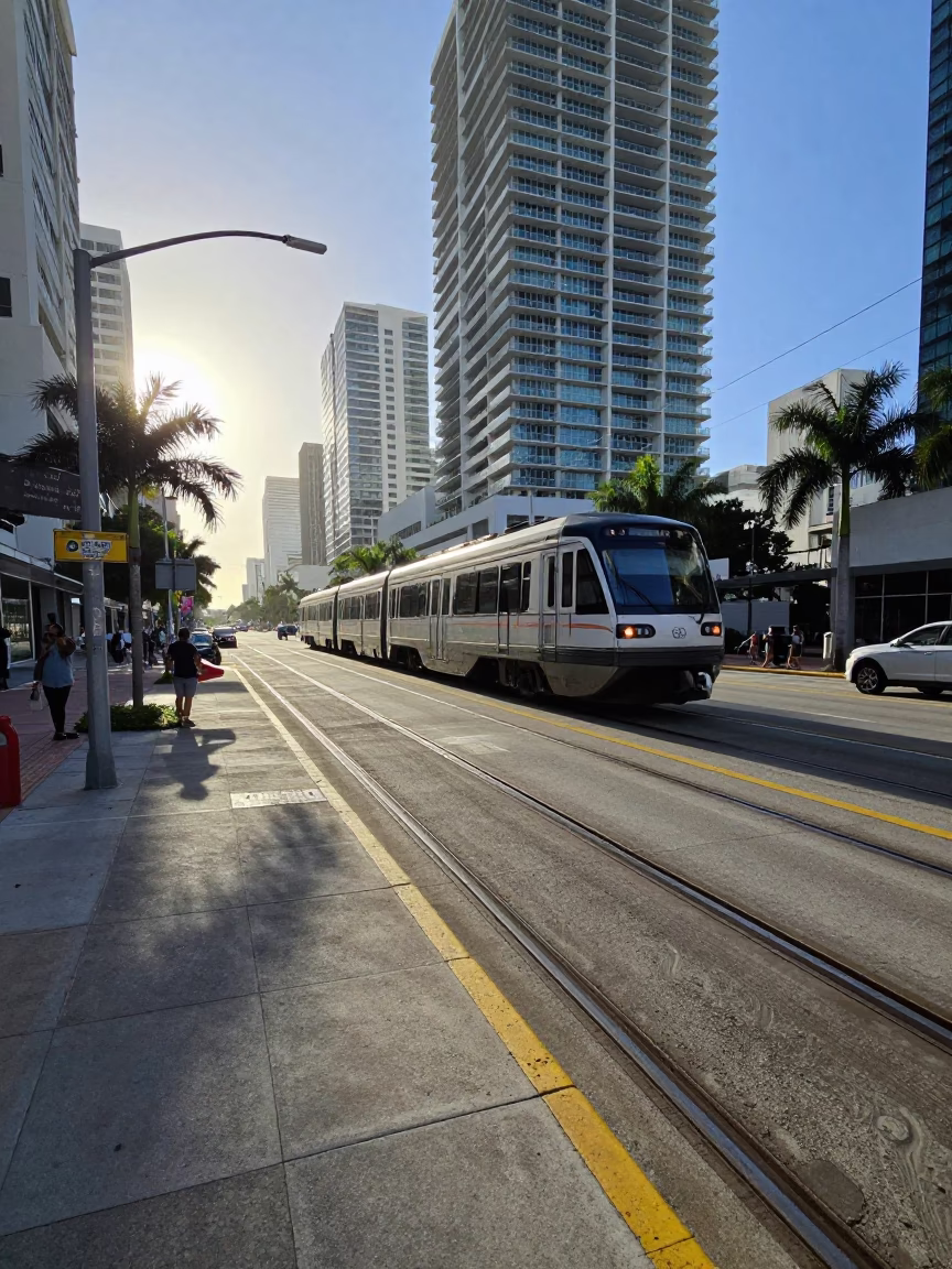 Early Morning Miami Florida Street Scene with Monorail Reflection in Glass Skyscraper in in Miami, Florida, United States