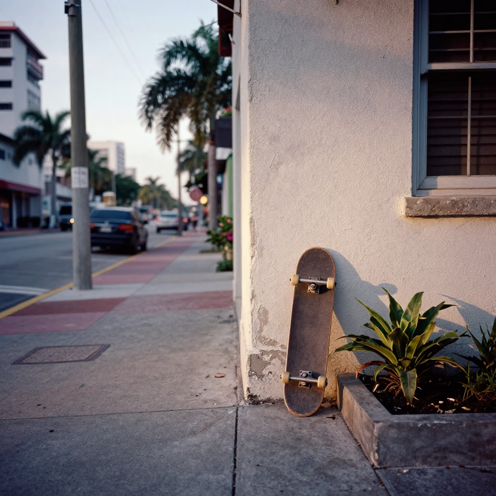 Early Morning Miami Florida Street Scene with Skateboard and Local Details in in Miami, Florida, United States