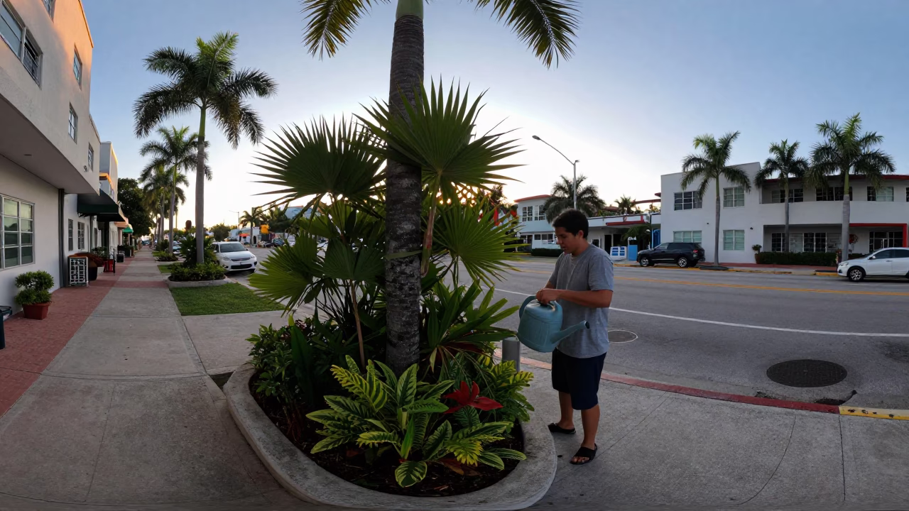 Early Morning Miami Florida Street Scene with Watering Jug and Soap Bottle in in Miami, Florida, United States