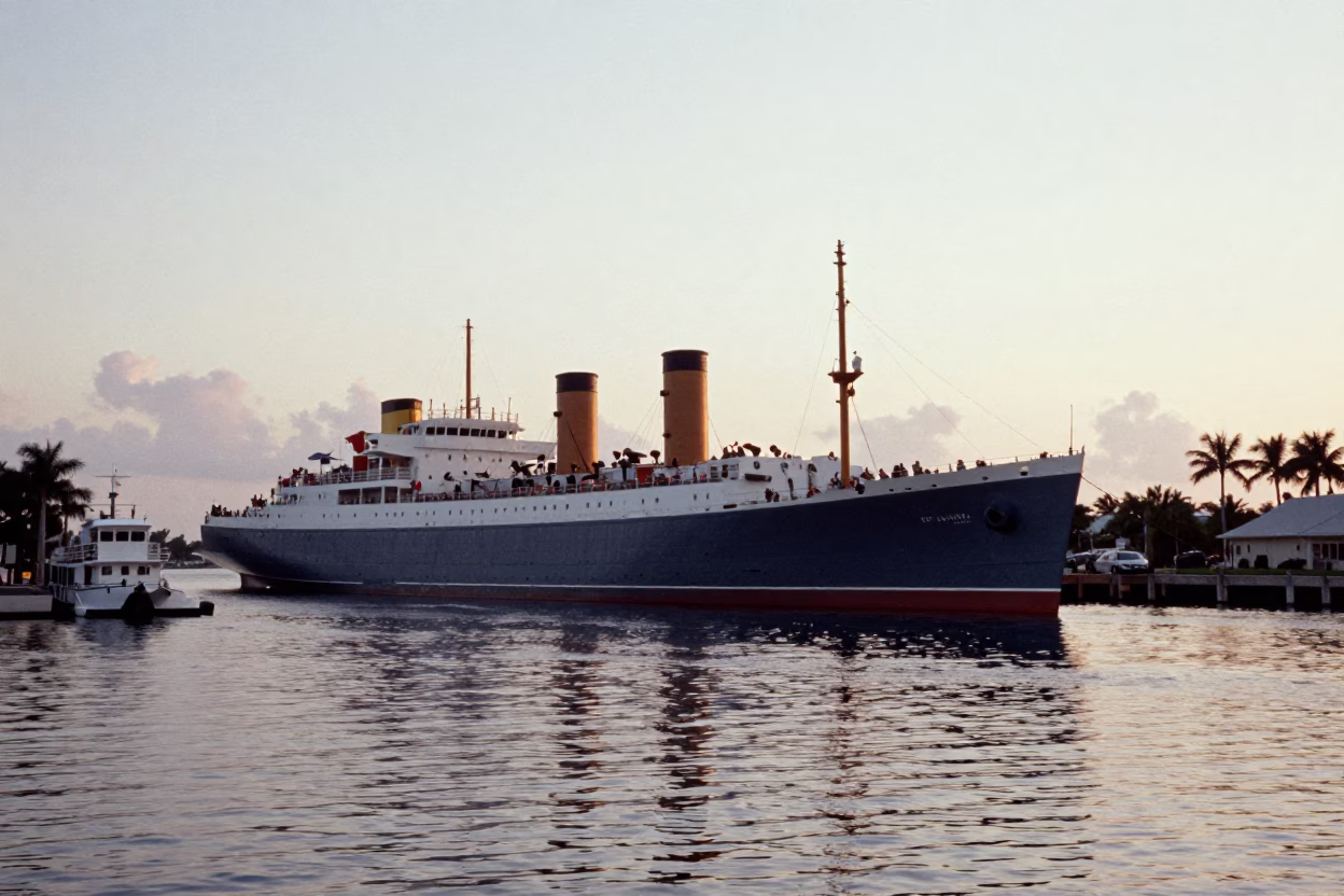 Early Morning Miami Harbor with Listing Steamship and Canal Barge Cargo in in Miami, Florida, United States