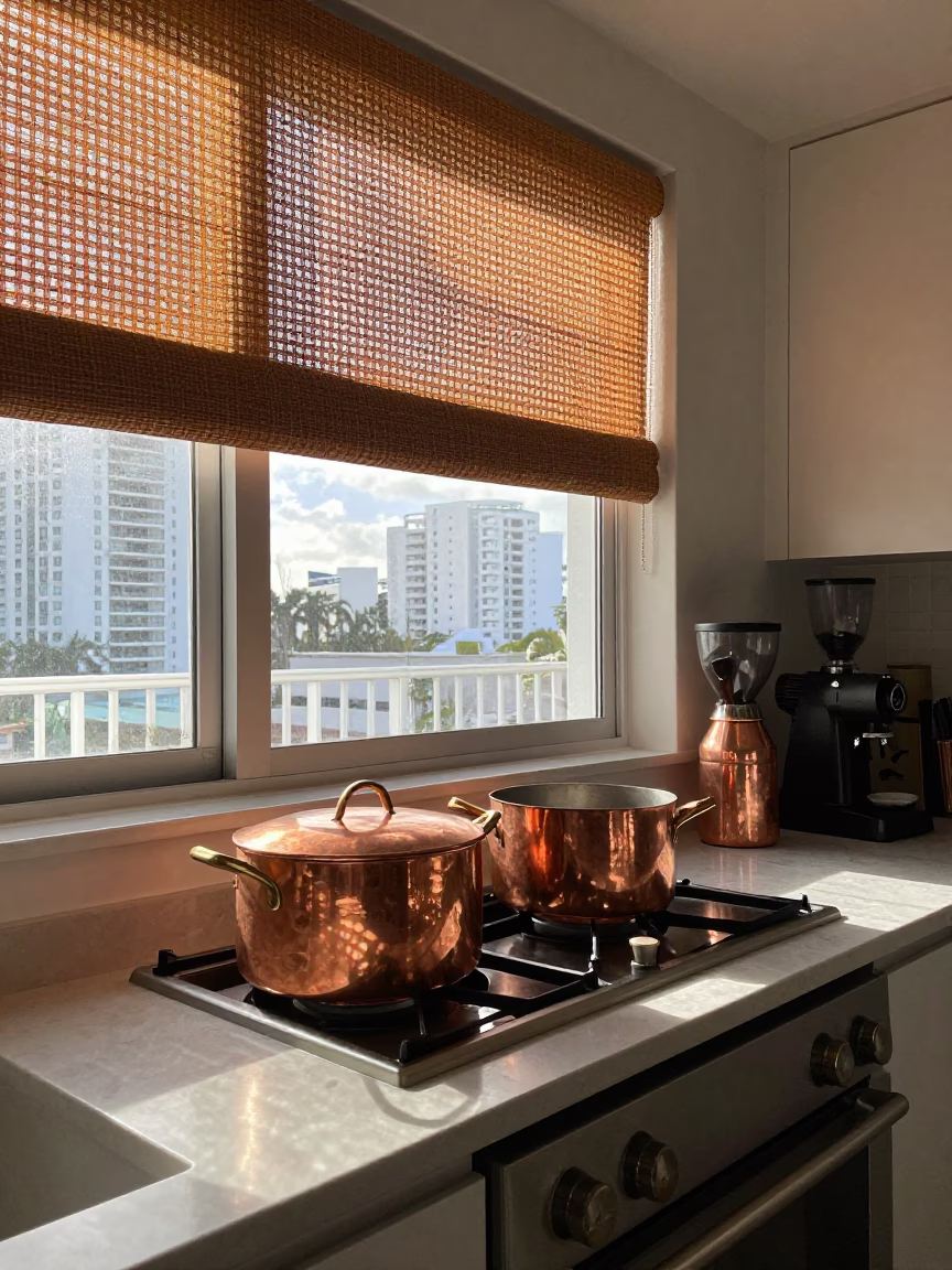 Early Morning Miami Kitchen with Copper Pots and Woven Cane Light in in Miami, Florida, United States
