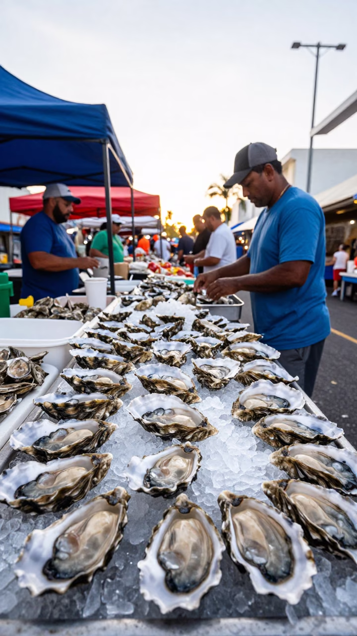 Early Morning Miami Market Fresh Oysters on Ice and Local Street Life in in Miami, Florida, United States