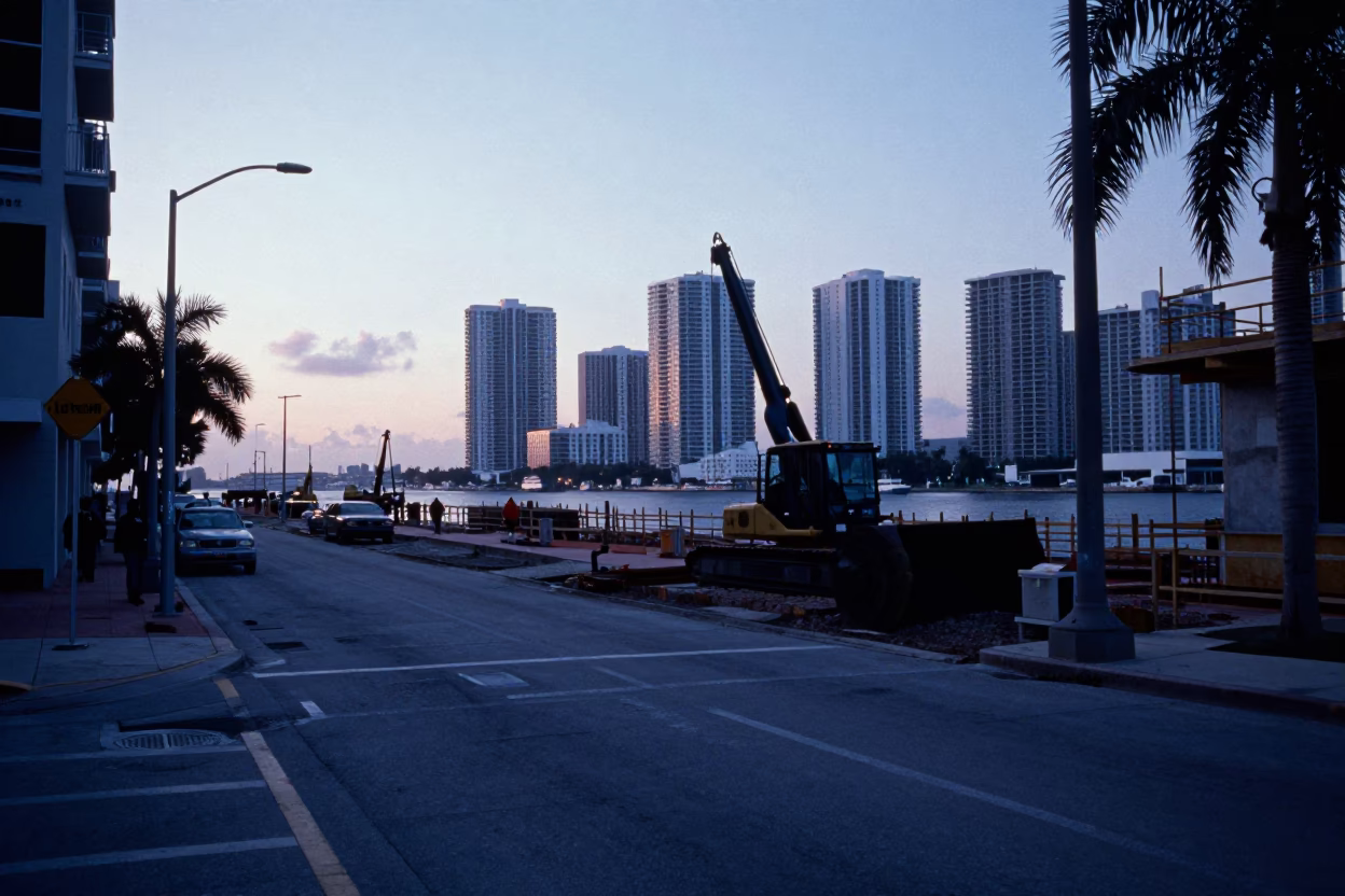 Early Morning Miami Street Scene Before Sunrise with Construction and Ferry Details in in Miami, Florida, United States