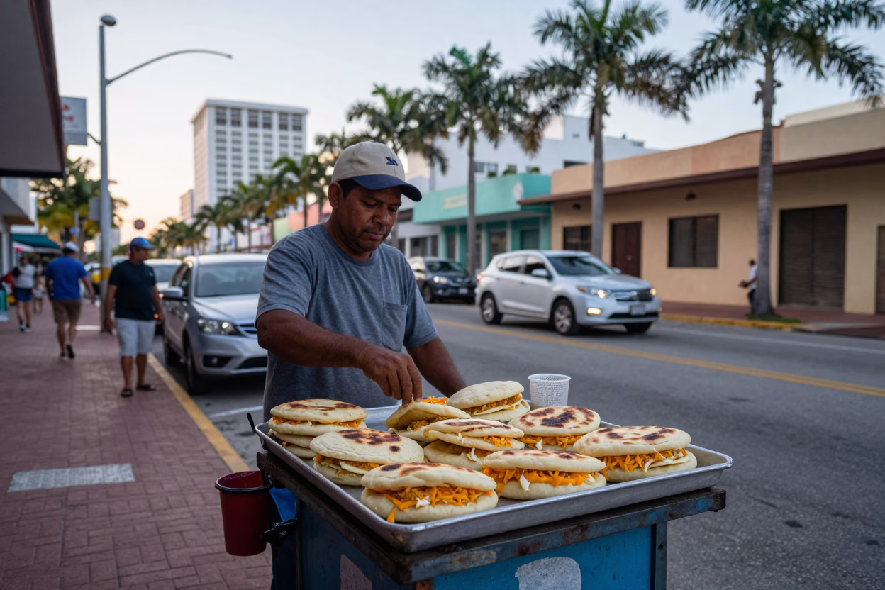 Early Morning Miami Street Scene with Arepa Vendor and Concrete Apartment Blocks in in Miami, Florida, United States