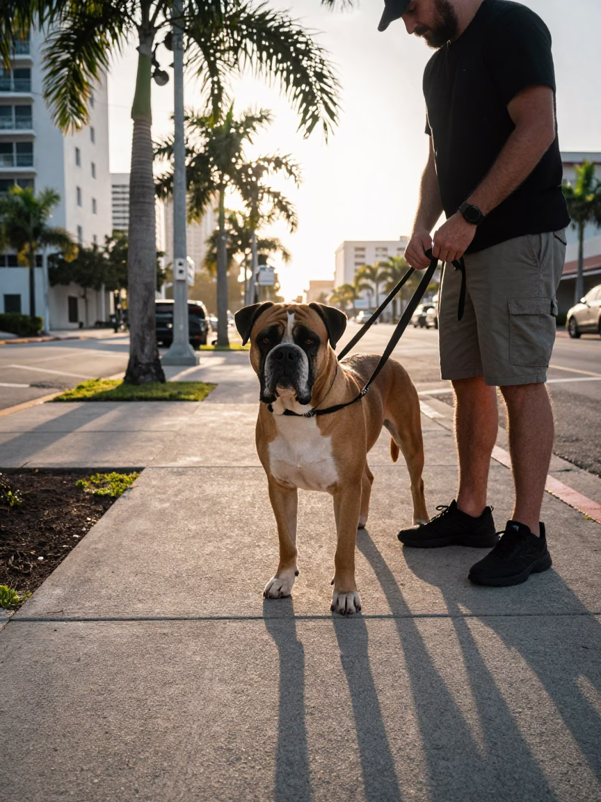Early Morning Miami Street Scene with Bullmastiff and Urban Details in in Miami, Florida, United States