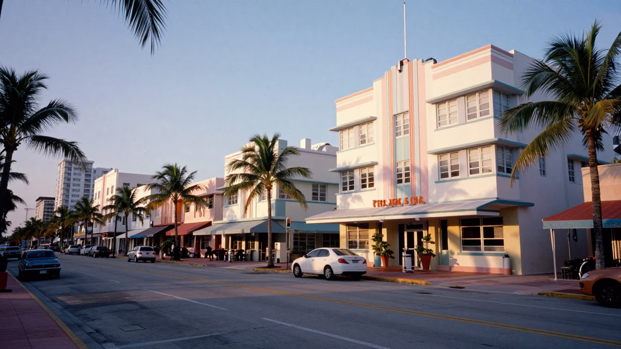 Early Morning Miami Street Scene with Colorful Art Deco Architecture and Local Breakfast Vendor in in Miami, Florida, United States