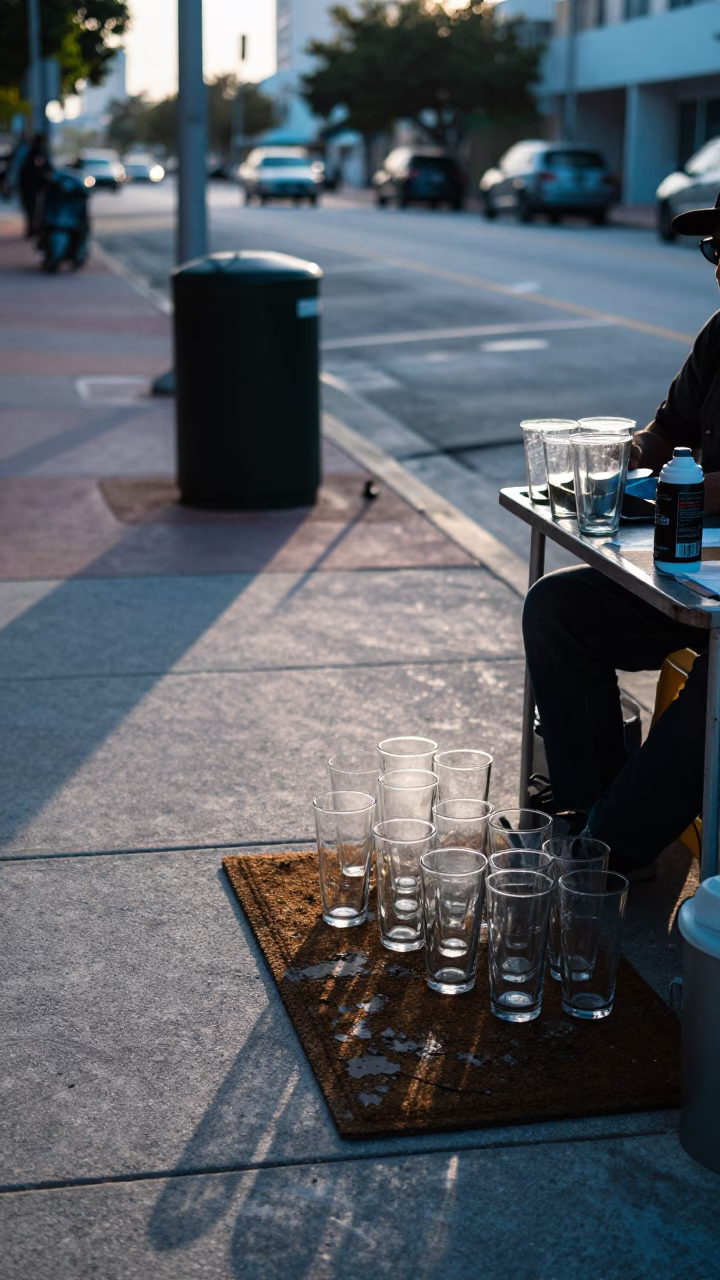 Early Morning Miami Street Scene with Glass Tumblers and Doormat in in Miami, Florida, United States