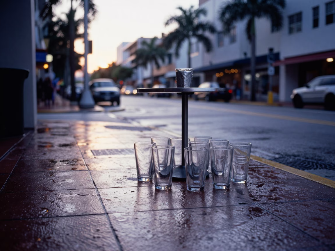 Early Morning Miami Street Scene with Glass Tumblers and Wet Flagstones in in Miami, Florida, United States