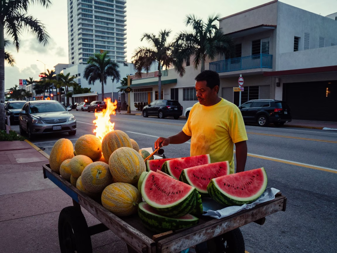 Early Morning Miami Street Scene with Melons and Flame Tree Bloom in in Miami, Florida, United States
