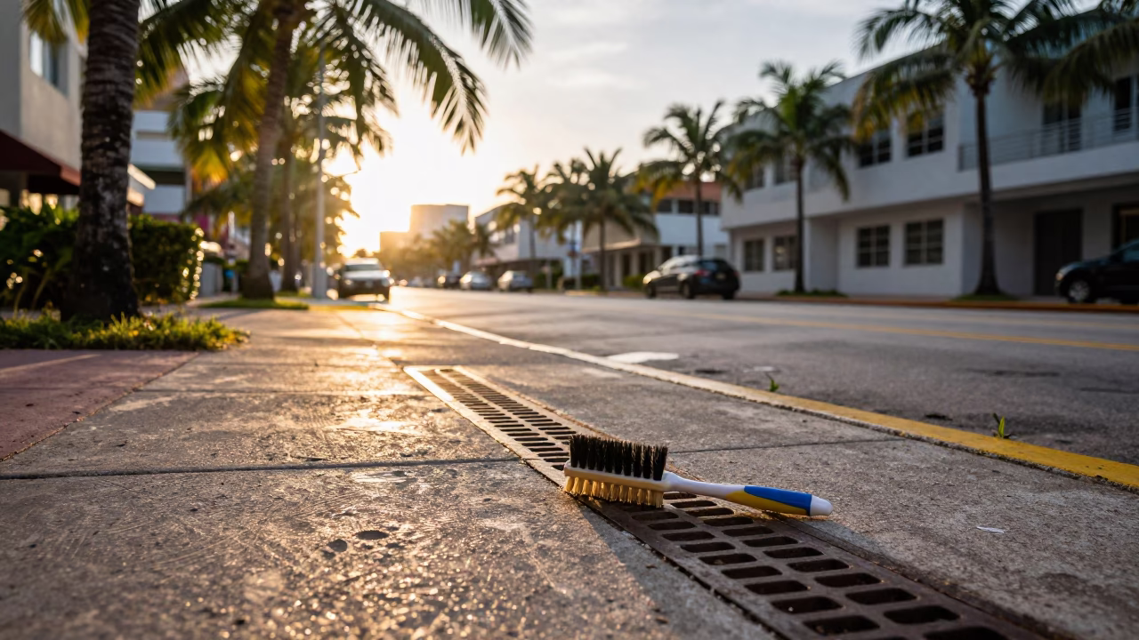 Early Morning Miami Street Scene with Nail Brush and Brush Roll on Sidewalk in in Miami, Florida, United States
