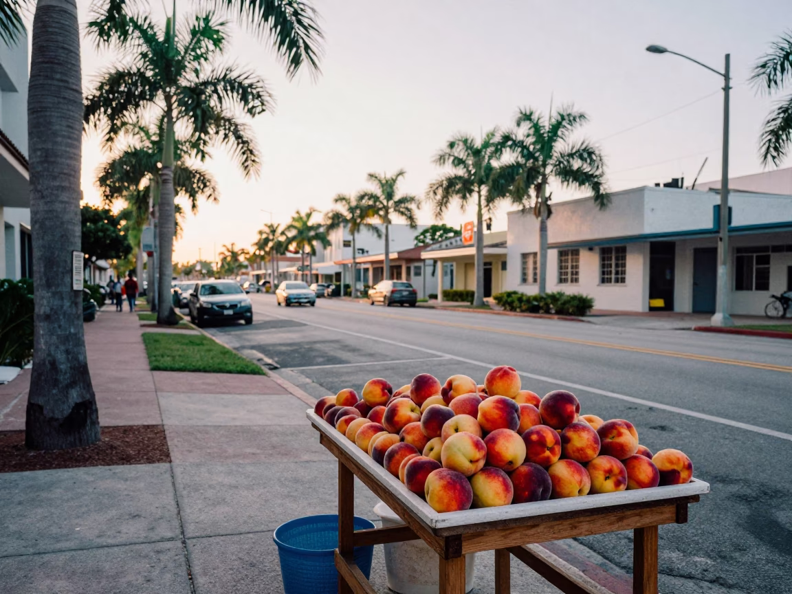 Early Morning Miami Street Scene with Nectarines and Straight Razor on Wooden Table in in Miami, Florida, United States