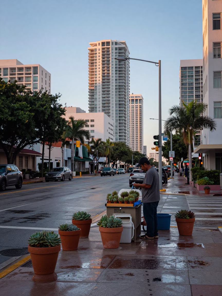 Early Morning Miami Street Scene with Potted Succulents and Urban Detail in in Miami, Florida, United States