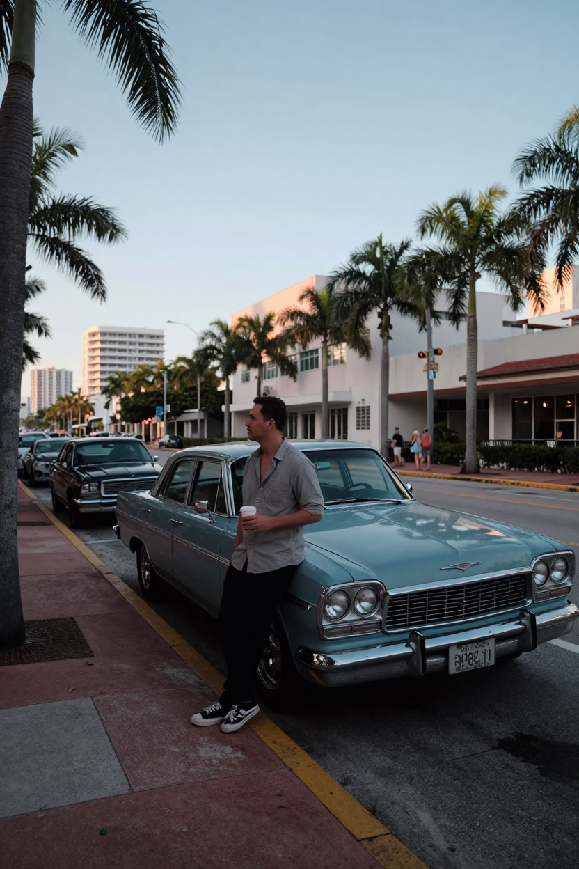Early Morning Miami Street Scene with Vintage Car and Local Breakfast in in Miami, Florida, United States